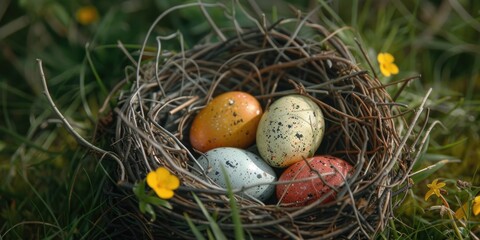 Poster - A nest filled with three different colored eggs, perfect for Easter or nature themes