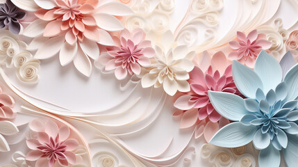 Wall Mural - Quilling paper abstract background with copy space top view. Filigree paper floral banner in pastel colors. Bridal paper flowers. Quilling floral background. 