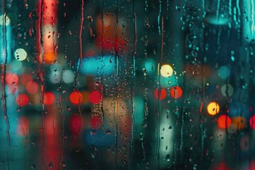 Poster - Urban landscape seen through rain-streaked glass, suitable for weather or cityscape concepts