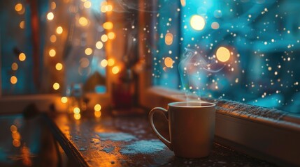 Poster - A cup of coffee sitting on a window sill. Perfect for cozy home or cafe scenes