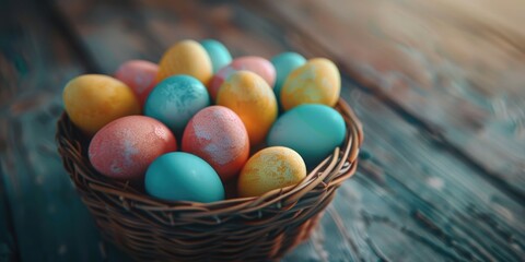 Poster - Vibrant Easter eggs in a basket on a rustic wooden table. Perfect for Easter holiday designs
