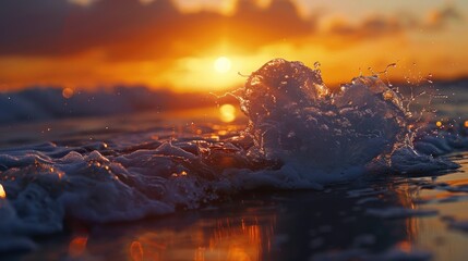 Poster - A close-up view of a wave on a beach at sunset. Perfect for travel and nature concepts