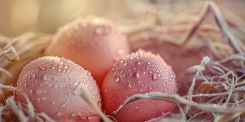 Poster - Close-up of three eggs in a nest with water droplets. Perfect for nature and wildlife themes