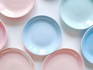 Wall Mural - Top view , Pink, Blue, and light Blue pastel coloured plates on white background 