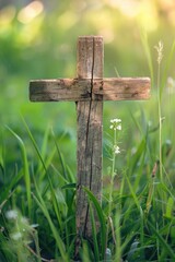 Wall Mural - A wooden cross standing alone in a field, suitable for religious themes or memorials