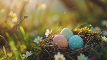 Poster - Nest with three eggs, perfect for nature concepts