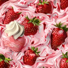 Poster - Close up of delicious strawberries with cream, perfect for food and dessert concepts