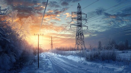 Wall Mural - A snowy road with power lines in the background, suitable for winter themes