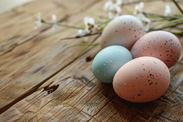 Poster - Three eggs arranged on a wooden table, suitable for food and cooking concepts