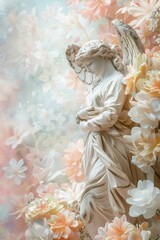 Poster - A serene angel statue surrounded by beautiful flowers. Ideal for memorial or spiritual themes