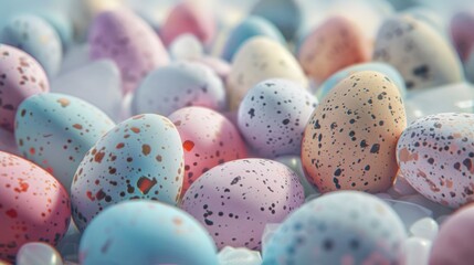 Poster - A pile of speckled eggs on a table, perfect for Easter and springtime themes