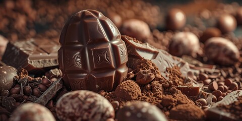 Poster - A chocolate bar on top of a pile of chocolate. Suitable for food and dessert concepts