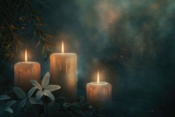 Three candles illuminating a dark room, suitable for relaxation or meditation concepts