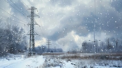 Poster - A snowy field with power lines in the background. Suitable for winter landscapes