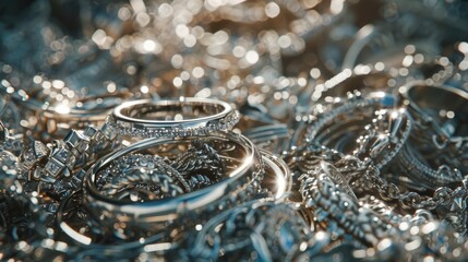Poster - A pile of silver jewelry on a table, perfect for fashion blogs or jewelry stores