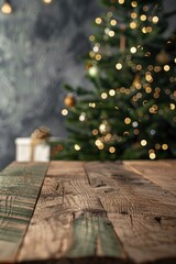 Aufkleber - A festive Christmas tree on a rustic wooden table. Suitable for holiday and winter themed designs