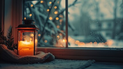 Poster - A lit candle placed in front of a window. Ideal for home decor concepts