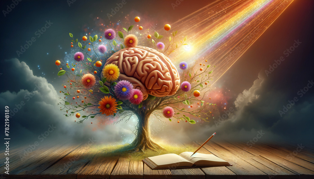 Human brain tree with flowers. positive thinking, creative mind, self ...