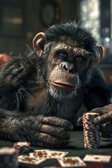 Poster - A monkey sitting at a table playing cards. Suitable for gambling or animal-themed designs
