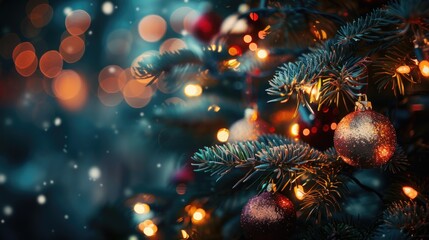 Poster - Close up of a Christmas tree with twinkling lights. Great for holiday designs