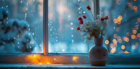 Poster - Beautiful flowers in a vase on a window sill, perfect for home decor
