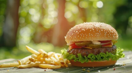 Poster - Tasty fast food meal on a wooden table, perfect for food blogs or restaurant menus