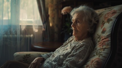 Aufkleber - Elderly woman sitting in a chair, looking out the window. Suitable for various concepts and themes