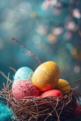 Poster - Nest filled with vibrant Easter eggs, perfect for holiday designs