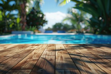 Aufkleber - Wooden floor next to a swimming pool, perfect for outdoor design projects