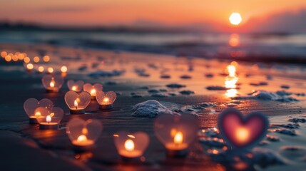 A group of lit candles on a sandy beach. Suitable for relaxation or meditation concepts