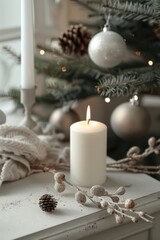 Poster - A white candle sitting next to a Christmas tree. Perfect for holiday decorations
