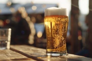 Poster - A glass of beer on a rustic wooden table. Suitable for beverage and hospitality concepts