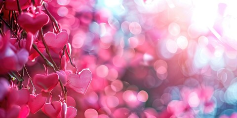 Poster - Pink hearts hanging from a tree, suitable for Valentine's Day designs