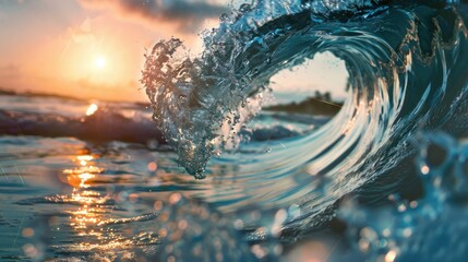 Poster - A powerful wave breaking into the ocean at sunset. Perfect for nature and travel concepts