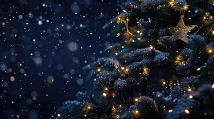 Poster - A close up of a Christmas tree with twinkling lights. Perfect for holiday designs