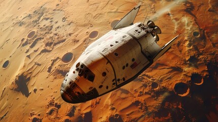 Poster - A space shuttle flying over a barren desert landscape. Suitable for technology and exploration concepts