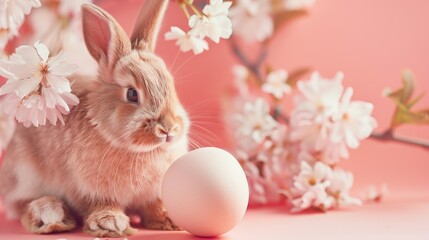 Poster - A cute rabbit sitting next to a white egg. Perfect for Easter-themed designs