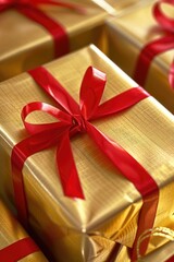 Poster - A pile of gold wrapped presents with red ribbons, perfect for holiday and celebration concepts