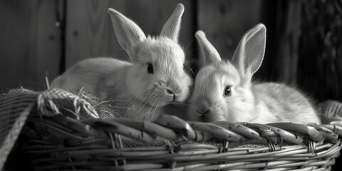 Poster - Adorable rabbits sitting together in a basket. Perfect for Easter or spring-themed designs