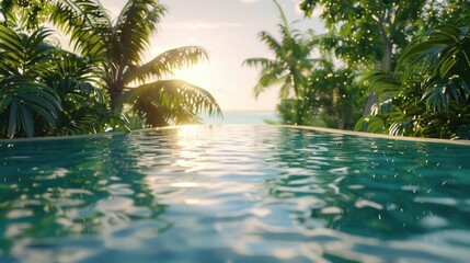 Poster - A tranquil pool oasis surrounded by lush palm trees. Ideal for travel brochures or relaxation concepts