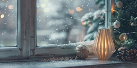 Poster - A lit candle next to a Christmas tree on a window sill. Perfect for holiday decorations