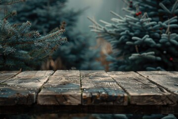Poster - Festive Christmas tree on rustic wooden table, perfect for holiday decorations