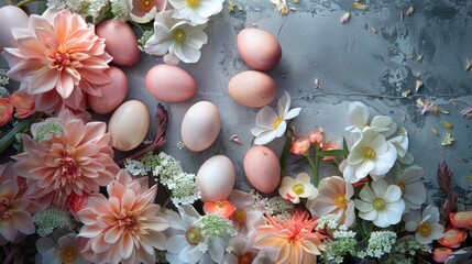 Poster - Fresh eggs and colorful flowers arranged on a wooden table. Perfect for farm or spring-themed designs