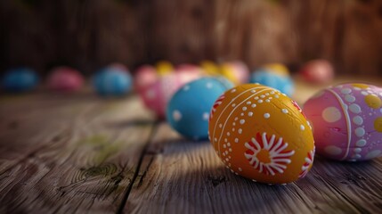 Poster - Vibrant Easter eggs displayed on a rustic wooden table. Perfect for Easter holiday designs