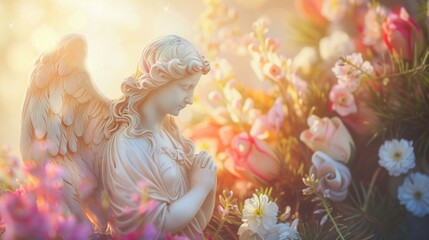 Aufkleber - A beautiful statue of an angel surrounded by colorful flowers. Perfect for adding a touch of elegance to any project