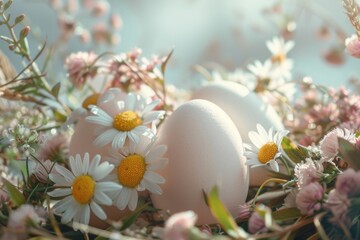 Poster - Two eggs in a nest surrounded by daisies and flowers. Suitable for nature and spring-themed designs