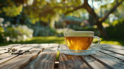 Poster - A simple image of a cup of tea on a wooden table. Suitable for various projects