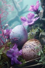 Wall Mural - A nest with two eggs and purple flowers, perfect for spring designs