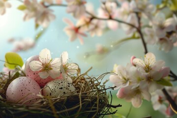 Aufkleber - A nest with eggs and colorful flowers on a tree branch. Suitable for spring and nature concepts