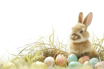 Poster - Cute rabbit sitting in a nest filled with eggs, perfect for Easter designs
